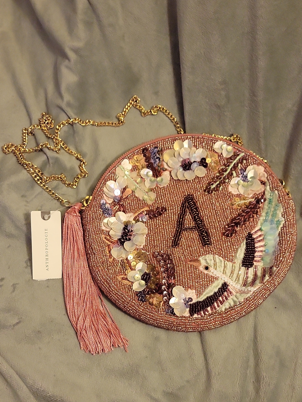 Anthropologie Pink Beaded Round Crossbody with Embroidered Bird & Tassel